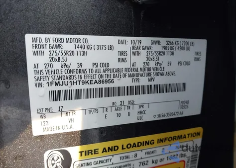 2019 Ford Expedition Xlt из США, поврежденный, VIN 1FMJU1HT9KEA86956